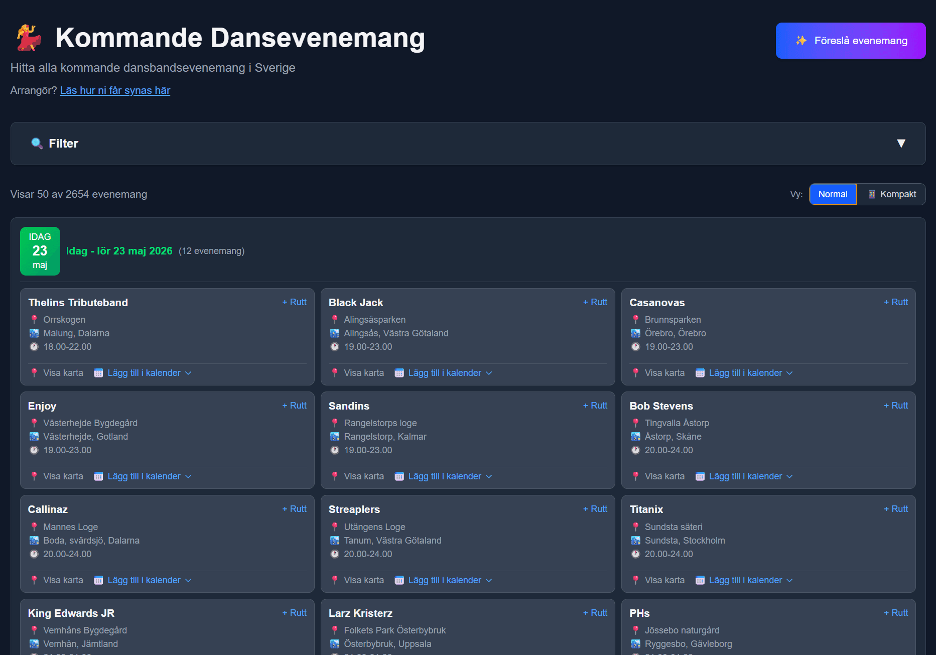 Evenemangslista med filter för datum, län och band