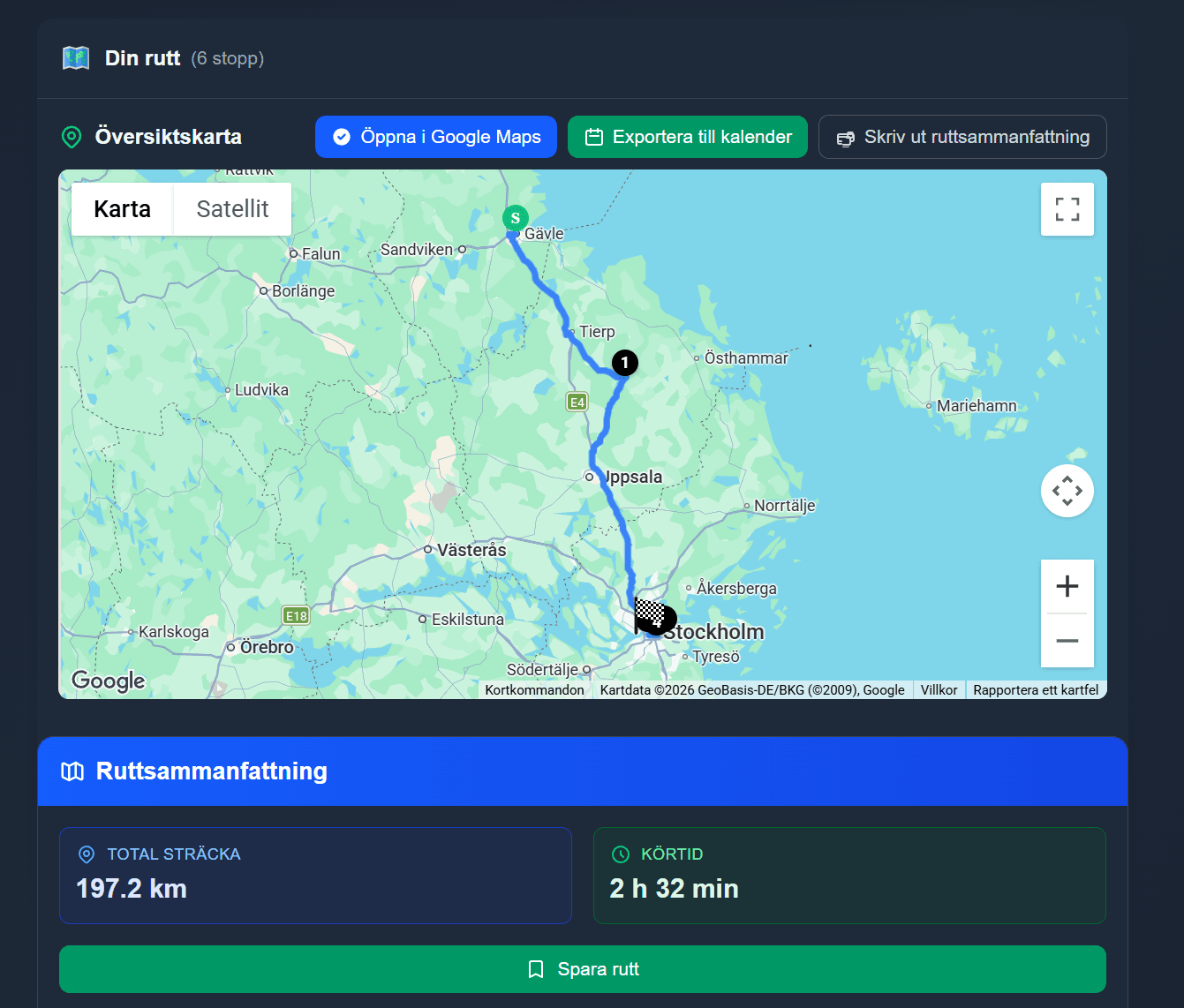 Karta med dansstopp och körväg mellan dem